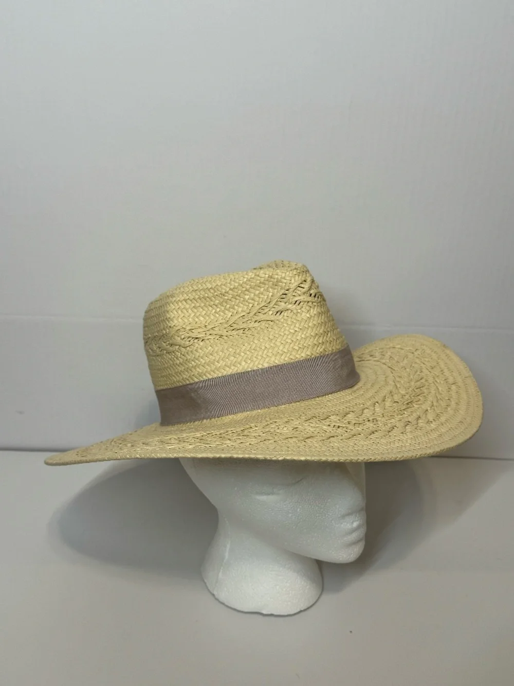 BTB Los Angeles Carrie Wide Brim Woven Straw Sun Hat Taupe Ribbon Size S